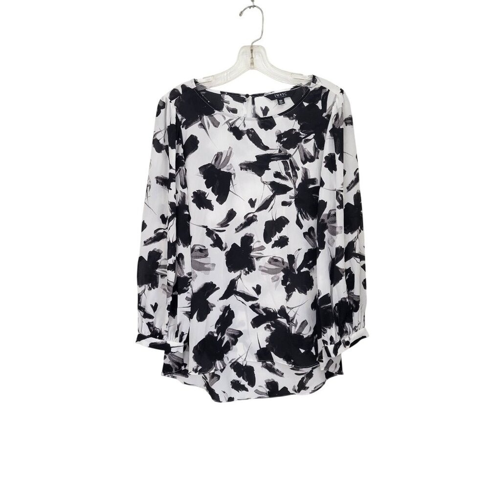 IMNYC Isaac Mizrahi Womens Black & White Floral Long Sleeve Blouse M